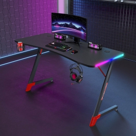 Z Shaped Gaming Desk Black Gaming Table Cool Computer Desk With RGB Light for PC